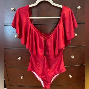 One Piece Off the Shoulder Maroon/Pink Swimsuit